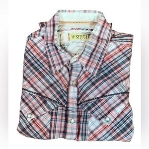 Guess Vintage coral and gray plaid western shirt with pearl snaps Size Large